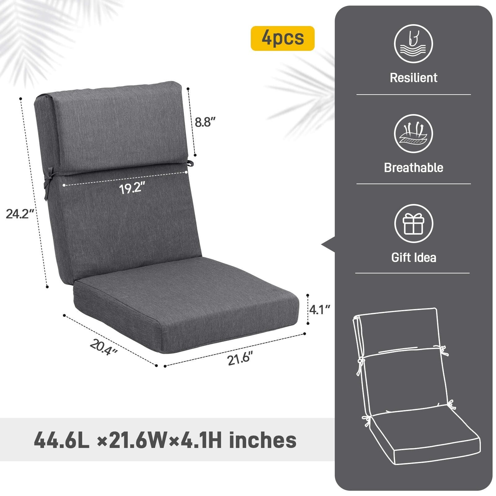 Aoodor Lot de 4 coussins pour chaises de jardin à dossier haut, 117x53x10 cm (coussins uniquement)