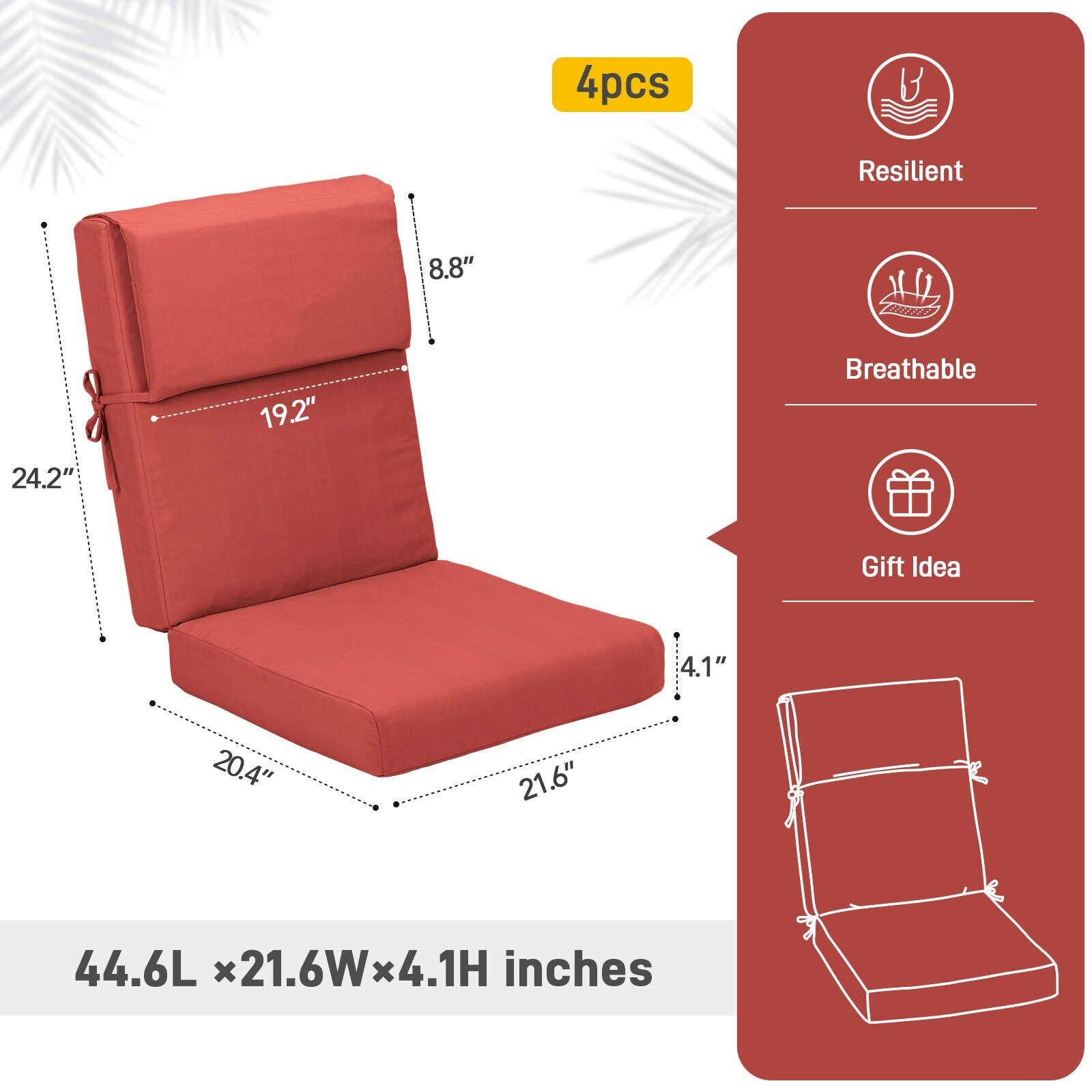 Aoodor Lot de 4 coussins pour chaises de jardin à dossier haut, 117x53x10 cm (coussins uniquement)