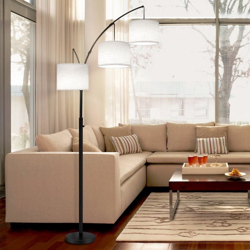 Lampe de sol LED à arc, moderne, noire, à intensité variable, avec 3 lumières, haute et arquée.