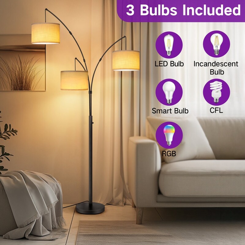 Lampe de sol LED à arc, moderne, noire, à intensité variable, avec 3 lumières, haute et arquée.