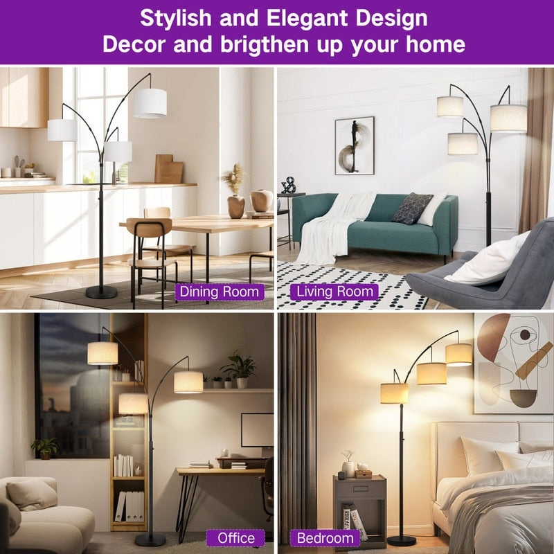 Lampe de sol LED à arc, moderne, noire, à intensité variable, avec 3 lumières, haute et arquée.