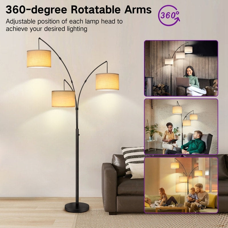 Lampe de sol LED à arc, moderne, noire, à intensité variable, avec 3 lumières, haute et arquée.