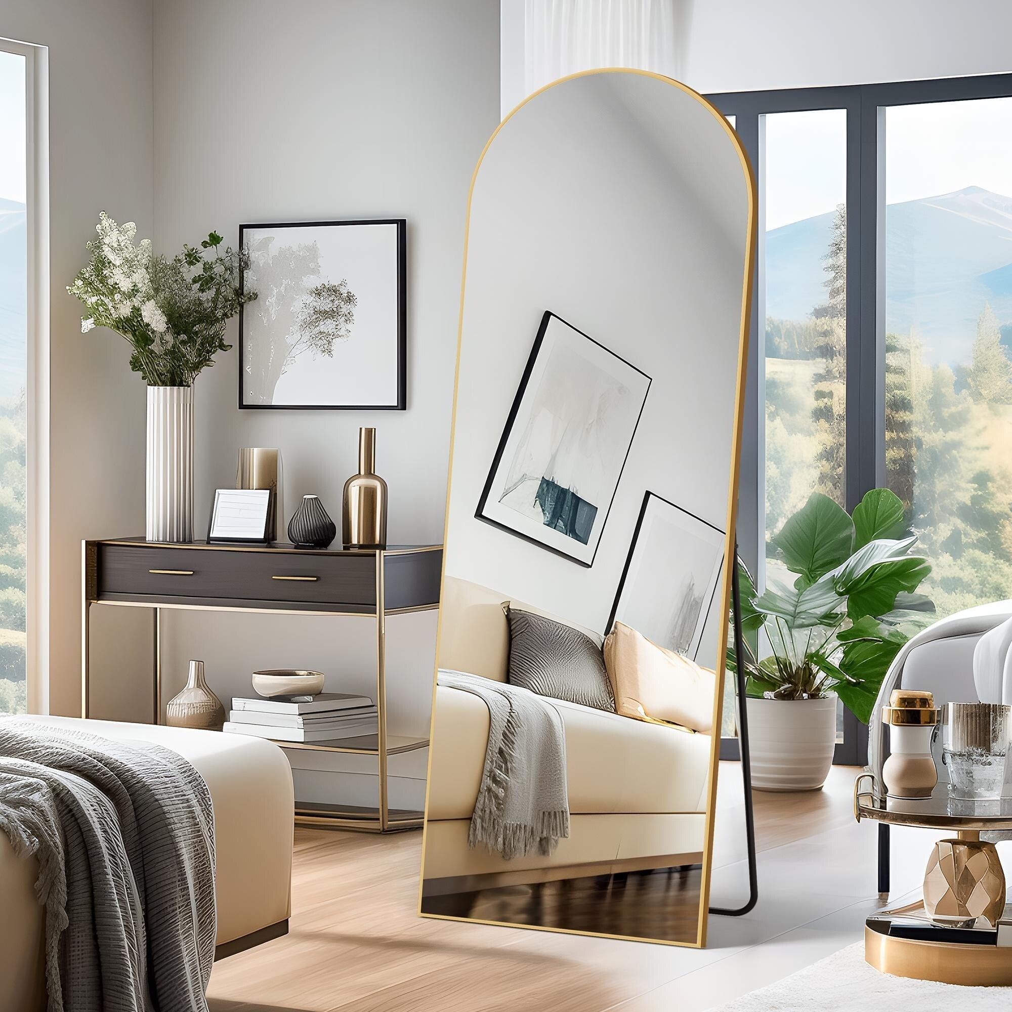 Dovelina Miroir mural à poser, miroir de sol, miroir en arc de cercle, miroir pleine longueur