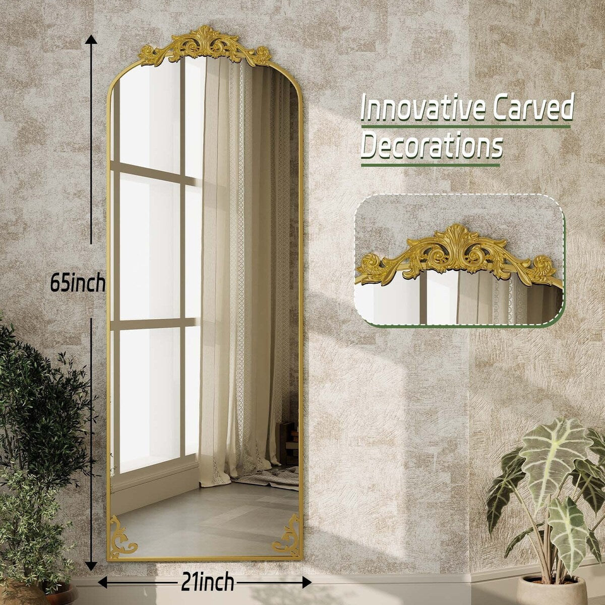 Grand miroir en forme d'arche avec motif floral baroque