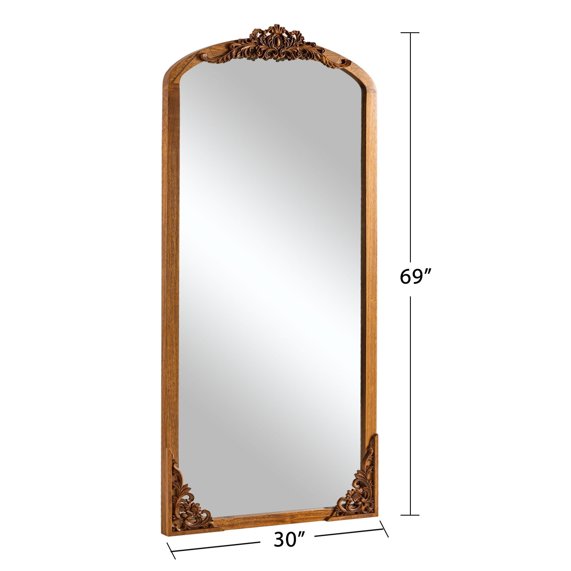 Grand miroir de sol en bois massif à encadrement incurvé et décorations sculptées