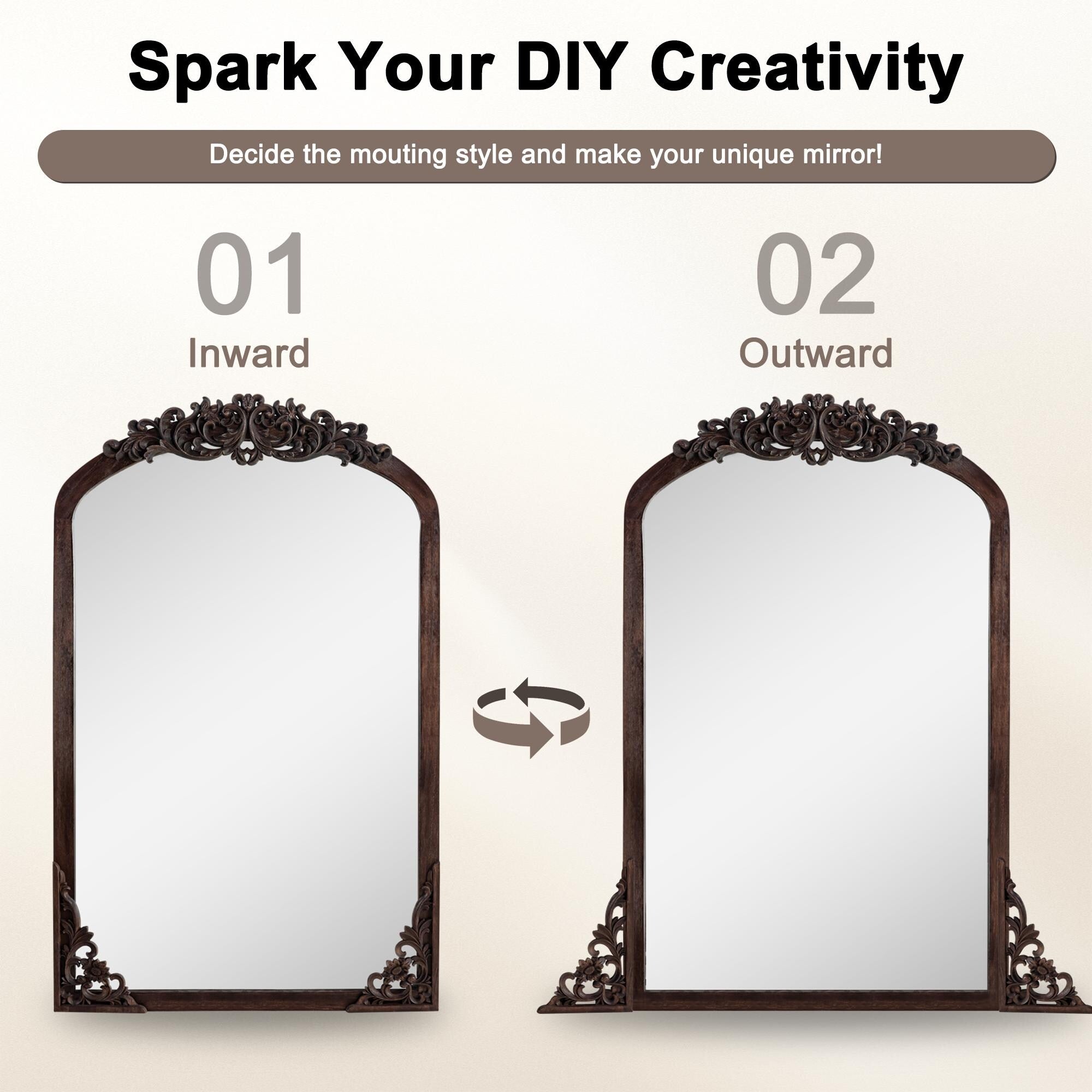 Grand miroir de sol en bois massif à encadrement incurvé et décorations sculptées