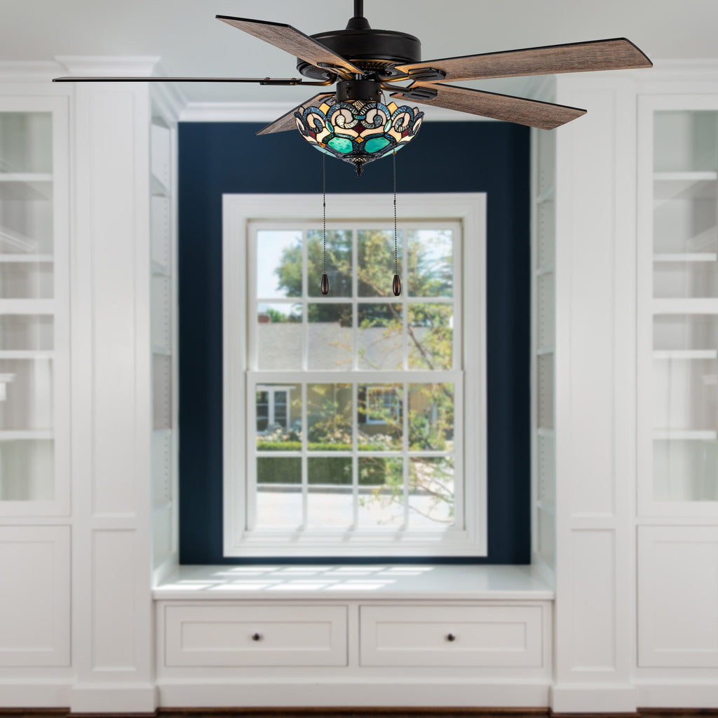 Ventilateur de plafond Astrid River of Goods à 3 lumières, 52 pouces, bronze huilé multicolore et verre teinté - 52 x 52 x 14,75/19,75