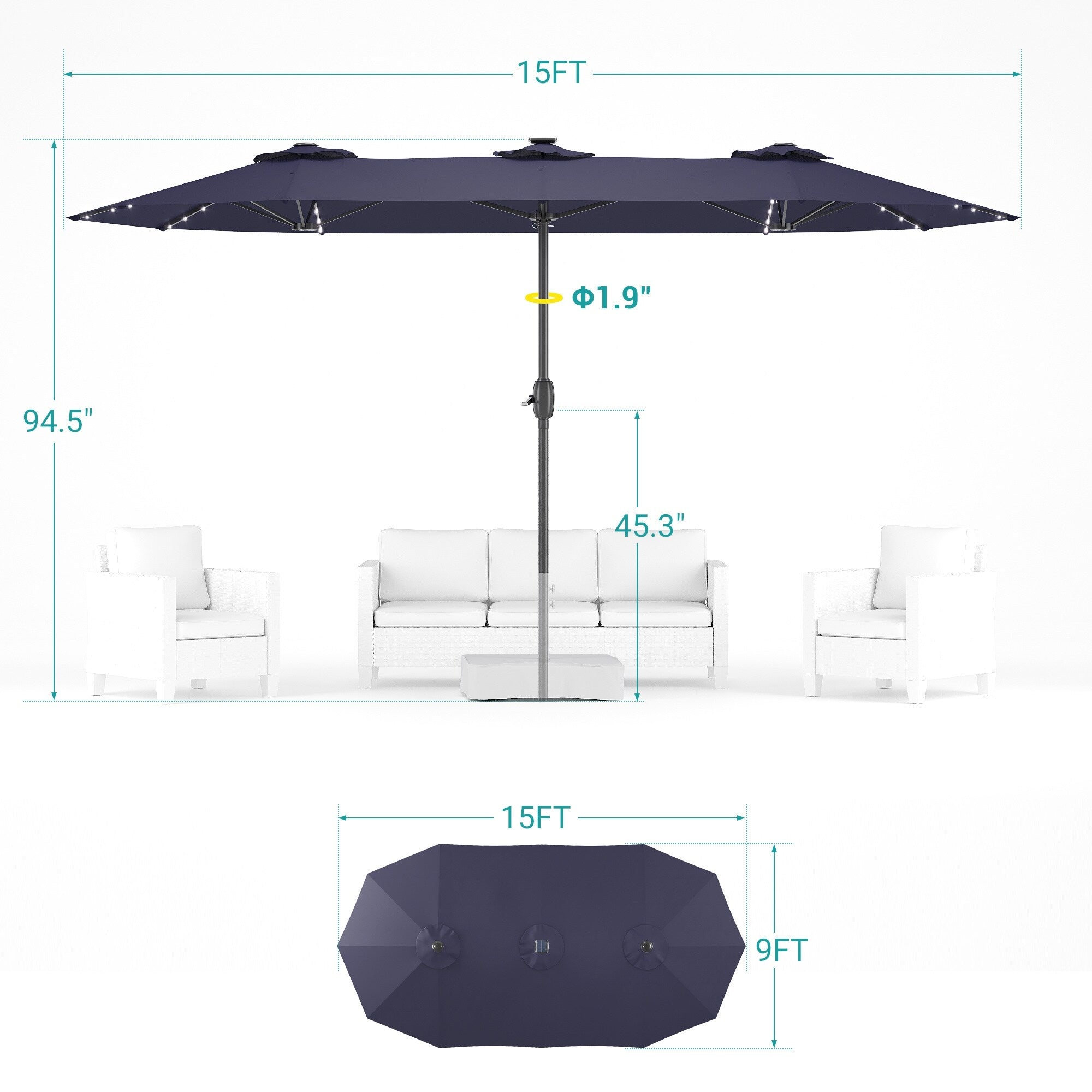 Parapluie de terrasse double face en aluminium avec éclairage LED, 15x9 pieds, grande canopée, marque BONOSUKI
