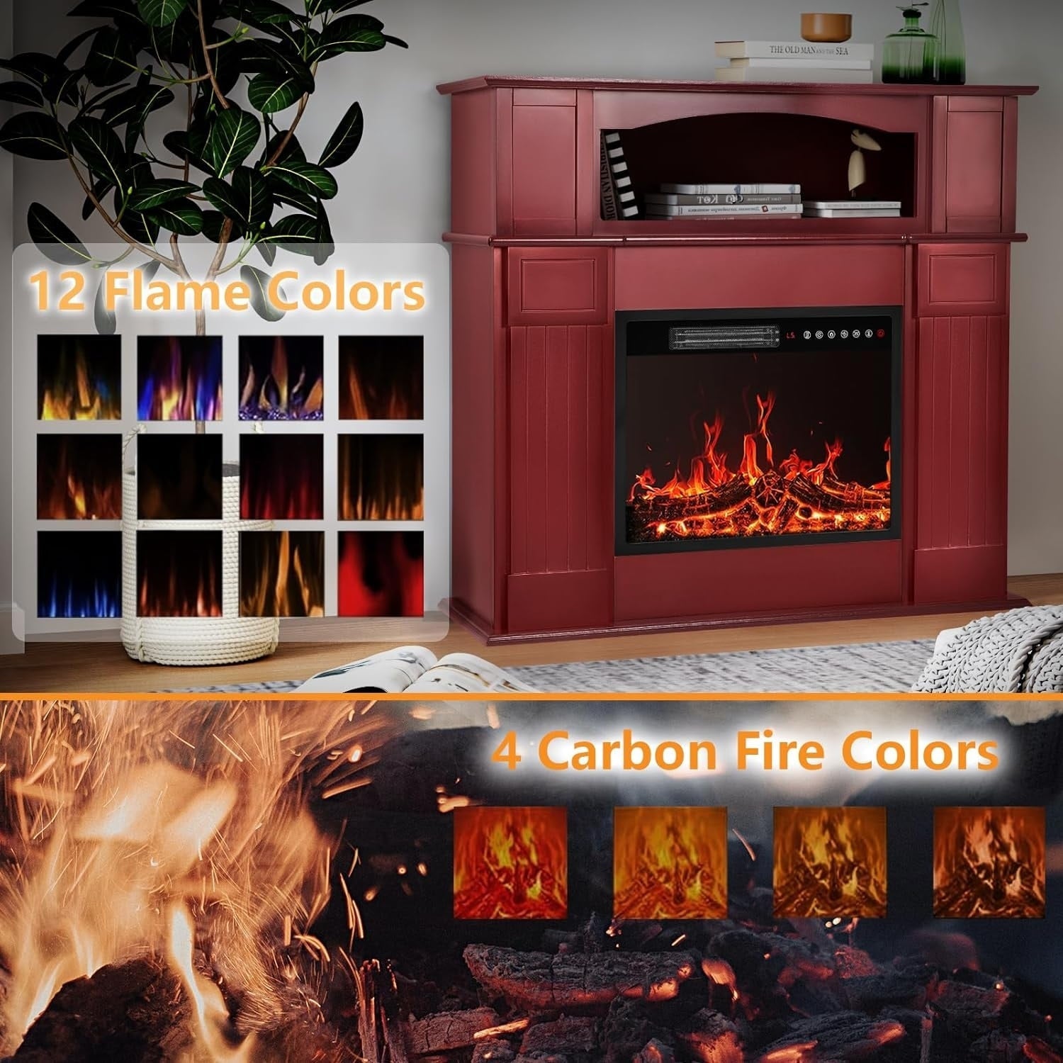 BOSSIN Cheminée électrique 43 pouces avec manteau, insert de cheminée électrique 23 pouces, meuble TV indépendant avec foyer en bois