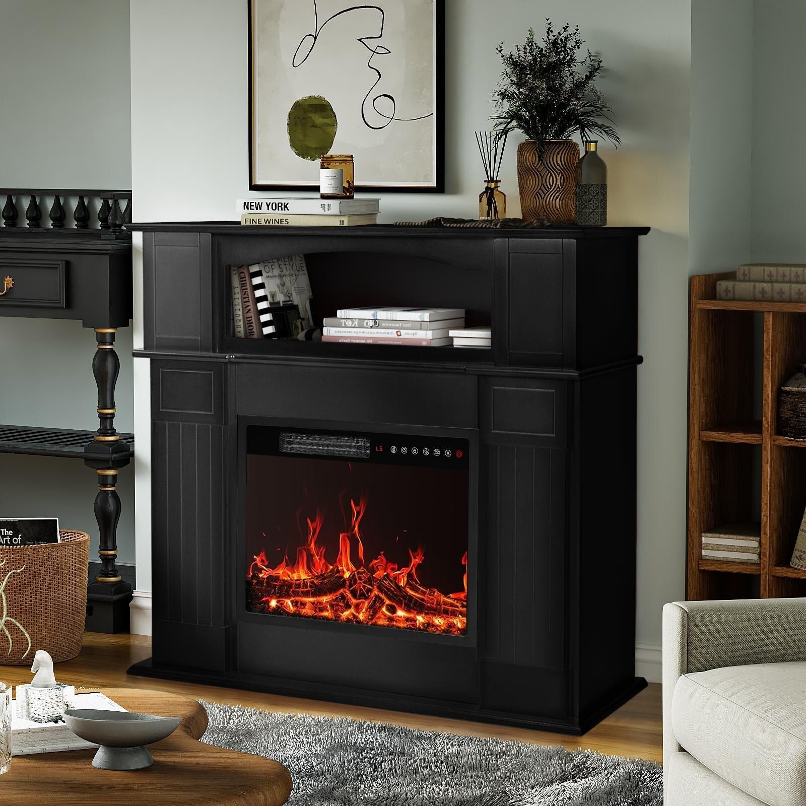 BOSSIN Cheminée électrique 43 pouces avec manteau, insert de cheminée électrique 23 pouces, meuble TV indépendant avec foyer en bois