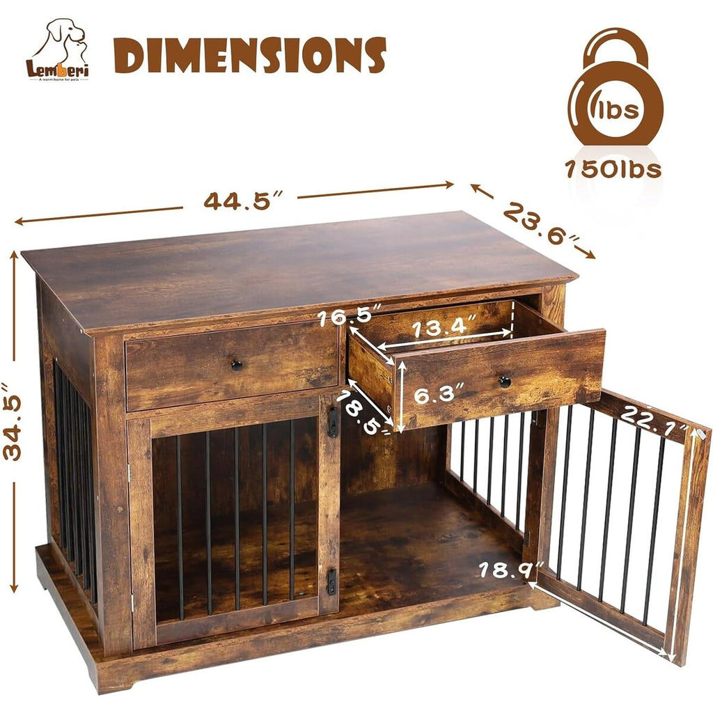 BOSSIN Meuble-abri pour chien de grande taille (112 cm), table de chevet en bois pour chien avec tiroirs de rangement, abri décoratif pour animaux de compagnie.