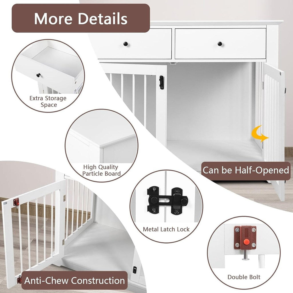 BOSSIN Meuble-abri pour chien de grande taille (112 cm), table de chevet en bois pour chien avec tiroirs de rangement, abri décoratif pour animaux de compagnie.