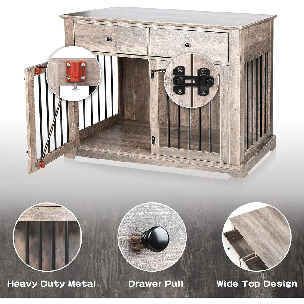 BOSSIN Meuble-abri pour chien de grande taille (112 cm), table de chevet en bois pour chien avec tiroirs de rangement, abri décoratif pour animaux de compagnie.