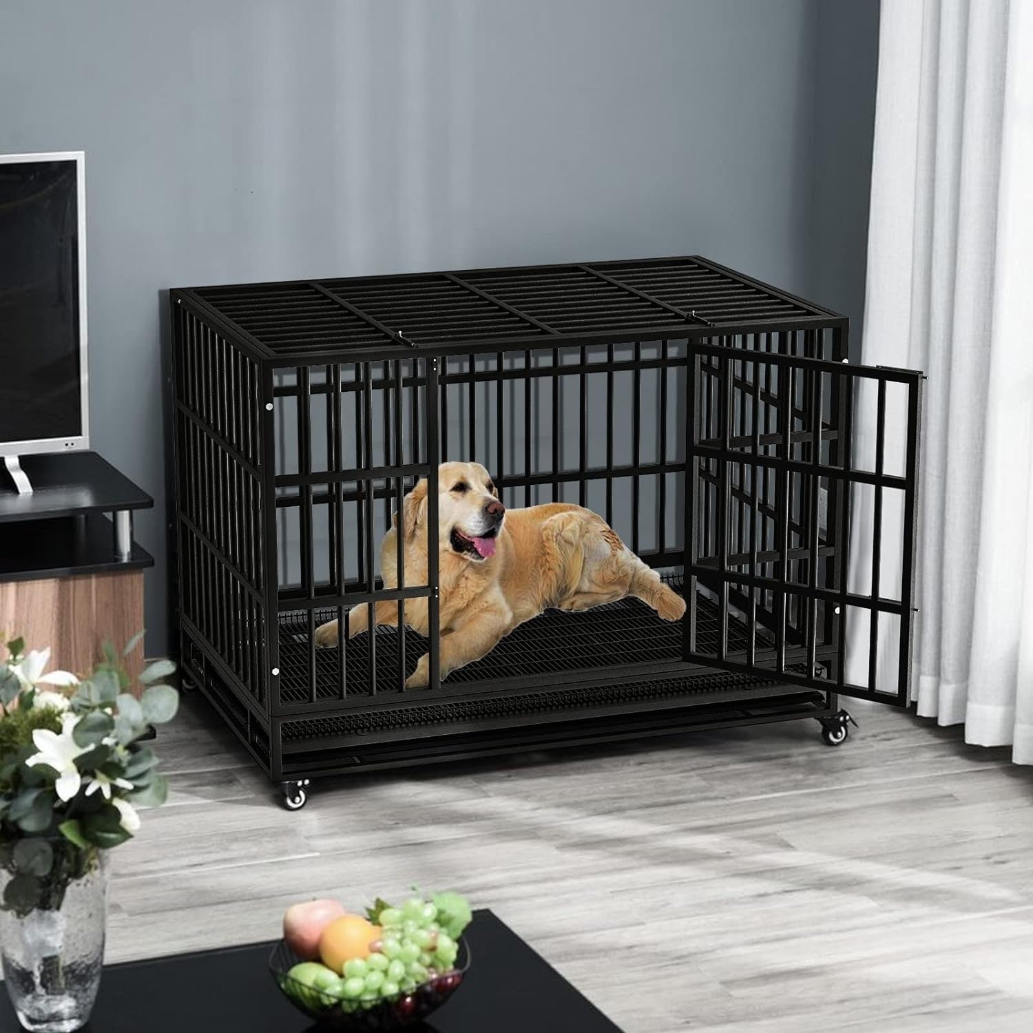 Cage pour chien BOSSIN 48/38 pouces, robuste et indestructible, cage à chien anti-fuite avec roues verrouillables