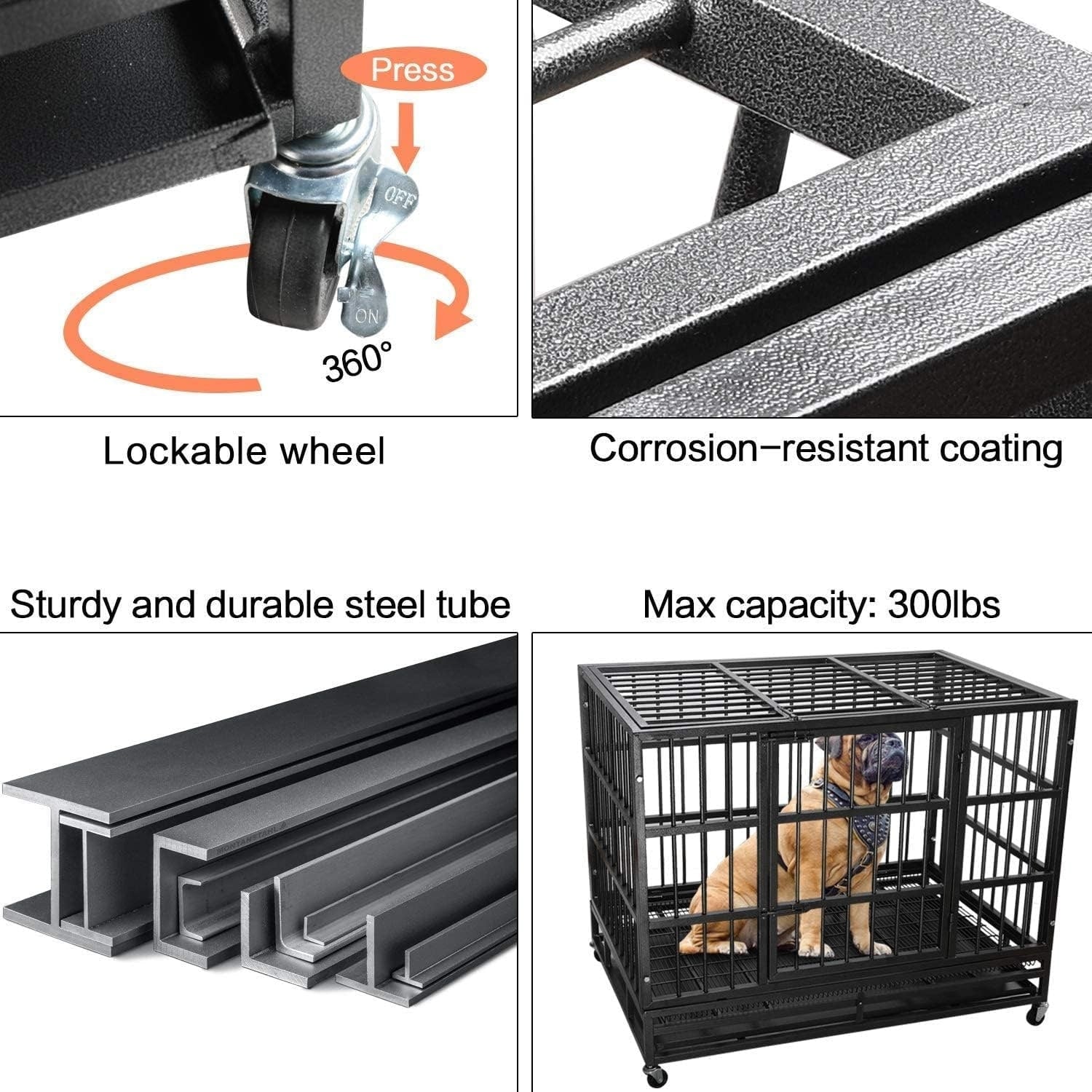 Cage pour chien BOSSIN 48/38 pouces, robuste et indestructible, cage à chien anti-fuite avec roues verrouillables