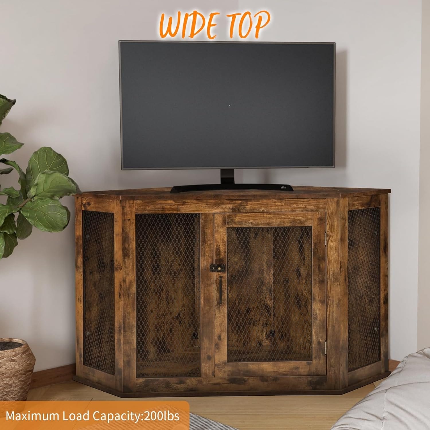 BOSSIN Meuble-côte pour chien d'angle, meuble-côte en bois pour chien de 112/132 cm avec grille, maison de chien en bois décorative pour usage intérieur.