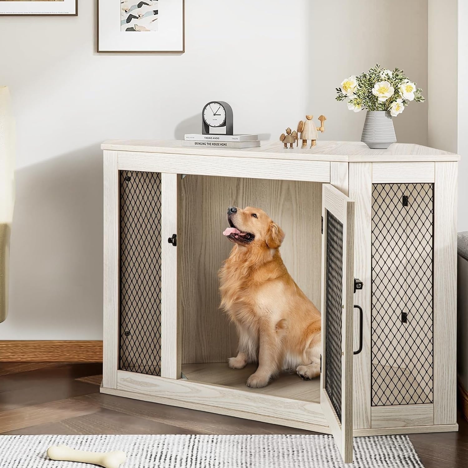 BOSSIN Meuble-côte pour chien d'angle, meuble-côte en bois pour chien de 112/132 cm avec grille, maison de chien en bois décorative pour usage intérieur.