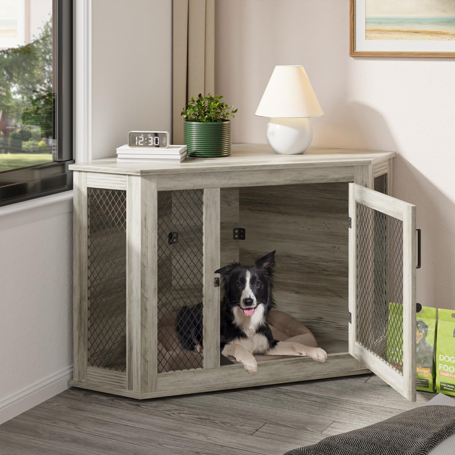 BOSSIN Meuble-côte pour chien d'angle, meuble-côte en bois pour chien de 112/132 cm avec grille, maison de chien en bois décorative pour usage intérieur.