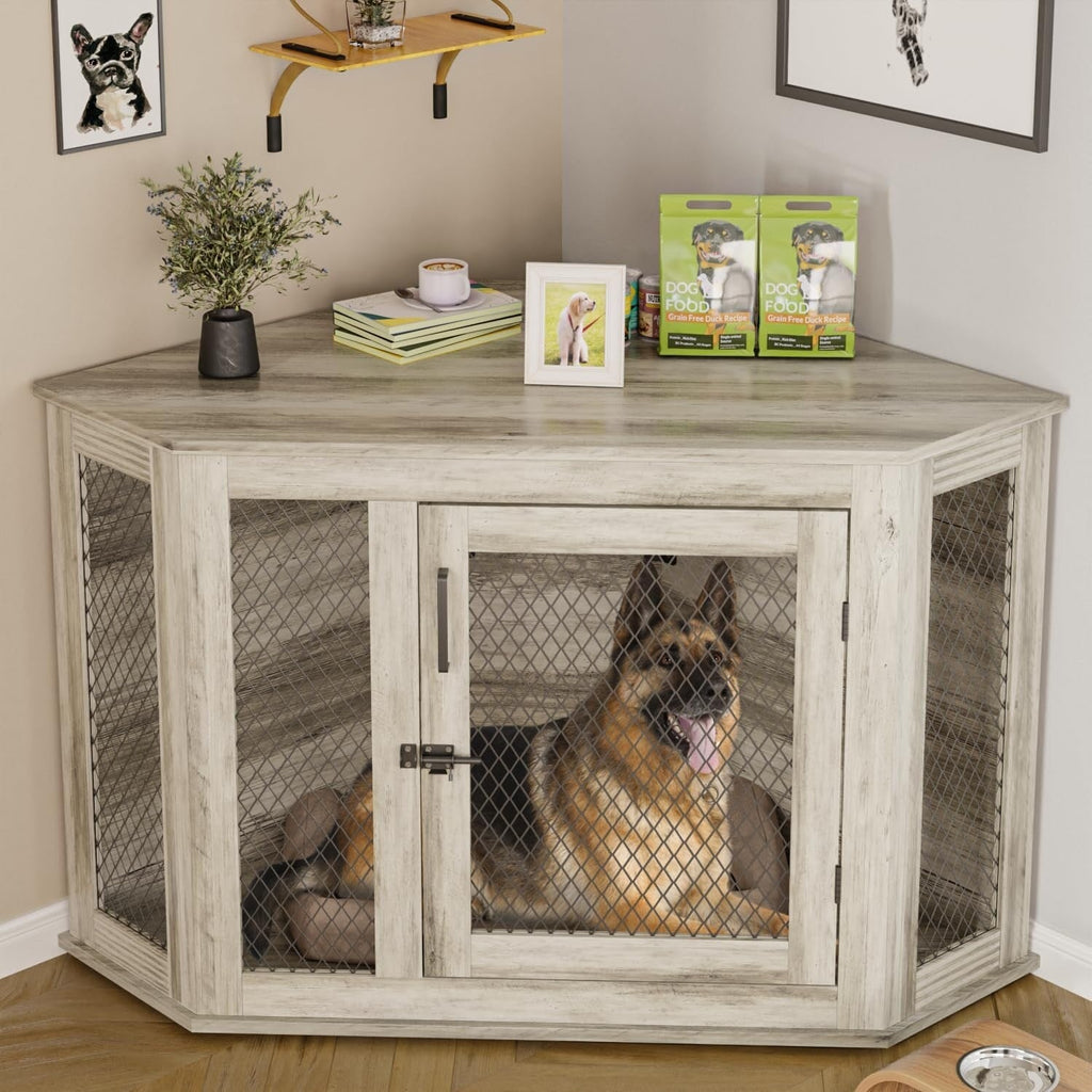 BOSSIN Meuble-côte pour chien d'angle, meuble-côte en bois pour chien de 112/132 cm avec grille, maison de chien en bois décorative pour usage intérieur.