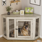 BOSSIN Meuble-côte pour chien d'angle, meuble-côte en bois pour chien de 112/132 cm avec grille, maison de chien en bois décorative pour usage intérieur.