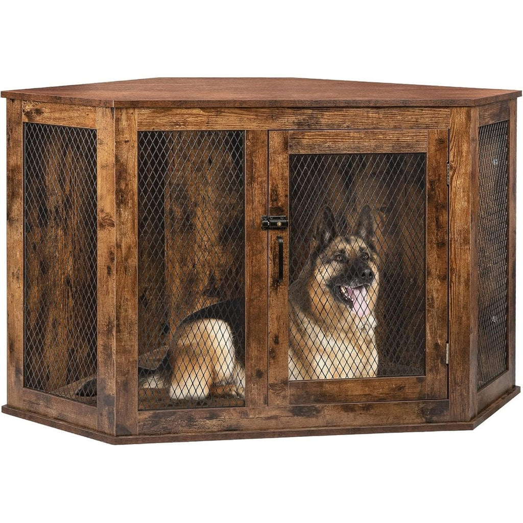 BOSSIN Meuble-côte pour chien d'angle, meuble-côte en bois pour chien de 112/132 cm avec grille, maison de chien en bois décorative pour usage intérieur.