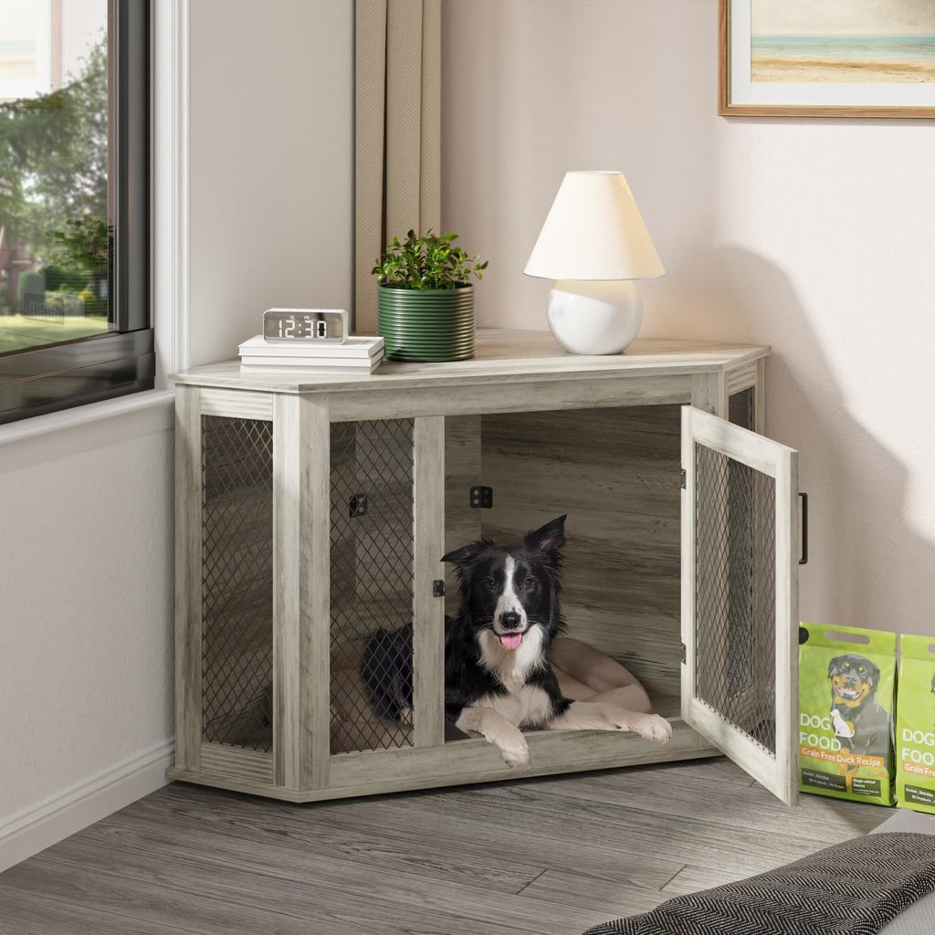 BOSSIN Meuble-côte pour chien d'angle, meuble-côte en bois pour chien de 112/132 cm avec grille, maison de chien en bois décorative pour usage intérieur.