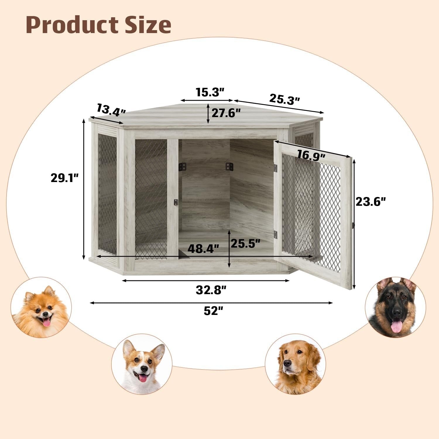 BOSSIN Meuble-côte pour chien d'angle, meuble-côte en bois pour chien de 112/132 cm avec grille, maison de chien en bois décorative pour usage intérieur.