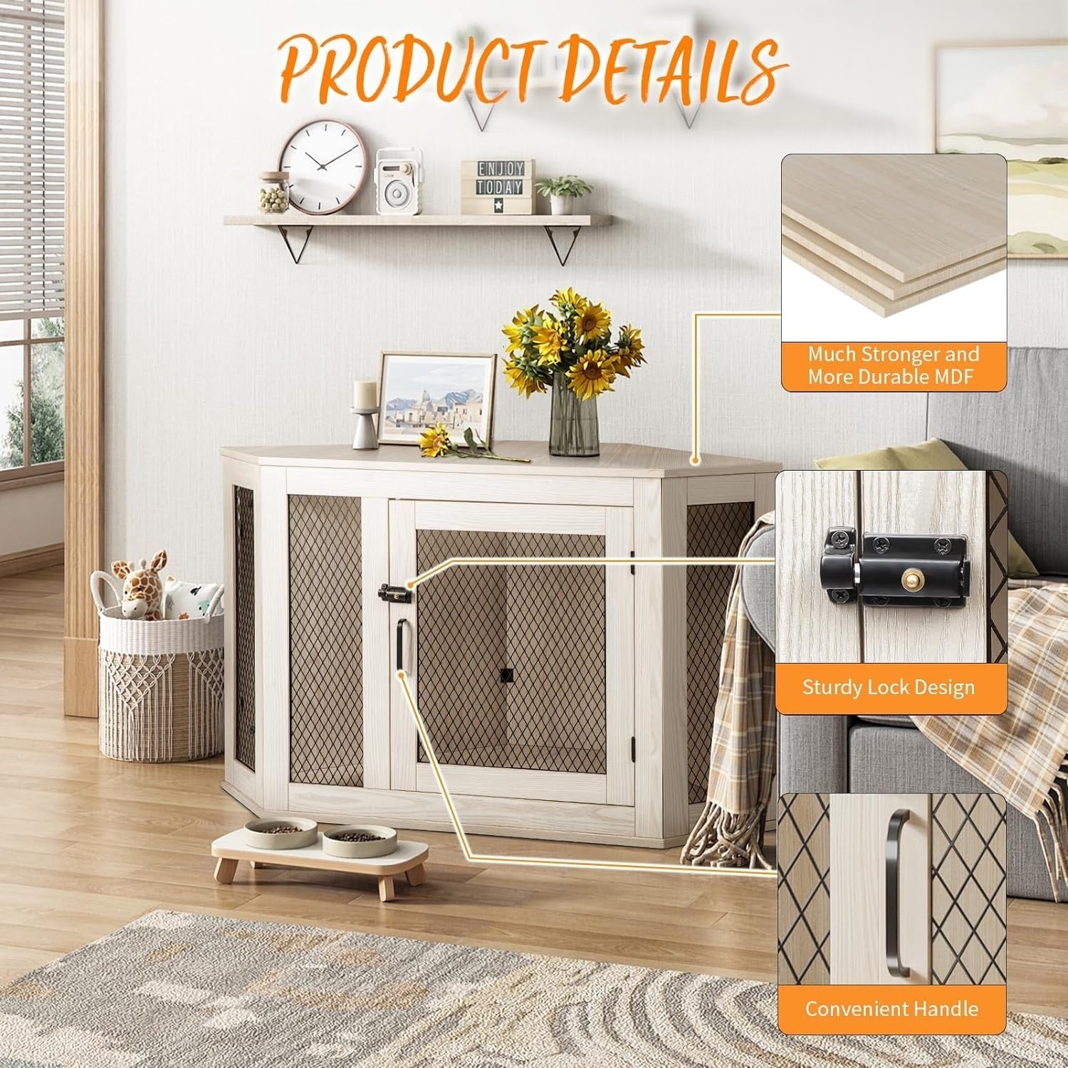 BOSSIN Meuble-côte pour chien d'angle, meuble-côte en bois pour chien de 112/132 cm avec grille, maison de chien en bois décorative pour usage intérieur.