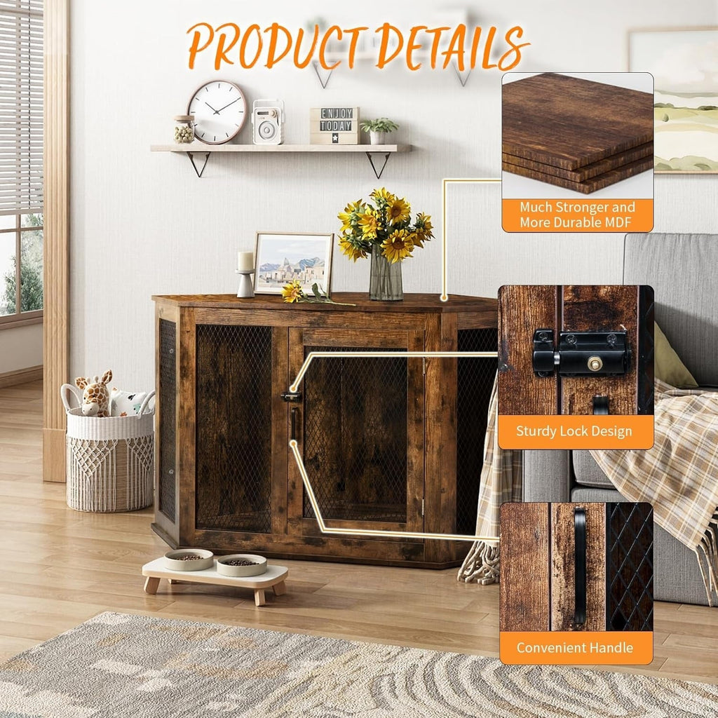 BOSSIN Meuble-côte pour chien d'angle, meuble-côte en bois pour chien de 112/132 cm avec grille, maison de chien en bois décorative pour usage intérieur.