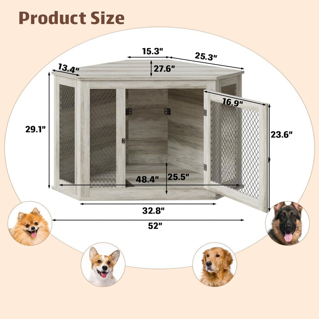 BOSSIN Meuble-côte pour chien d'angle, meuble-côte en bois pour chien de 112/132 cm avec grille, maison de chien en bois décorative pour usage intérieur.