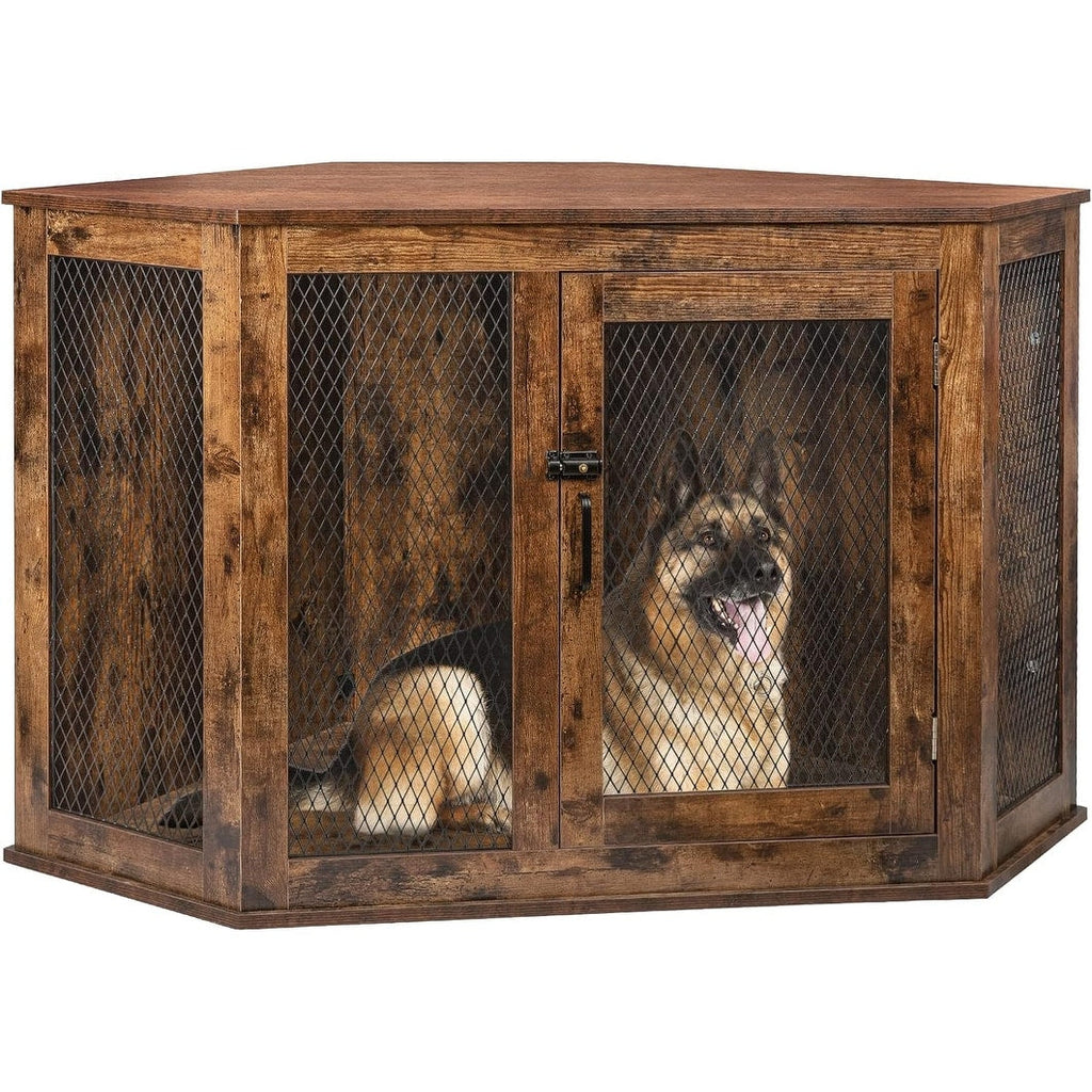 BOSSIN Meuble-côte pour chien d'angle, meuble-côte en bois pour chien de 112/132 cm avec grille, maison de chien en bois décorative pour usage intérieur.