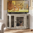 BOSSIN Meuble-côte pour chien d'angle, meuble-côte en bois pour chien de 112/132 cm avec grille, maison de chien en bois décorative pour usage intérieur.