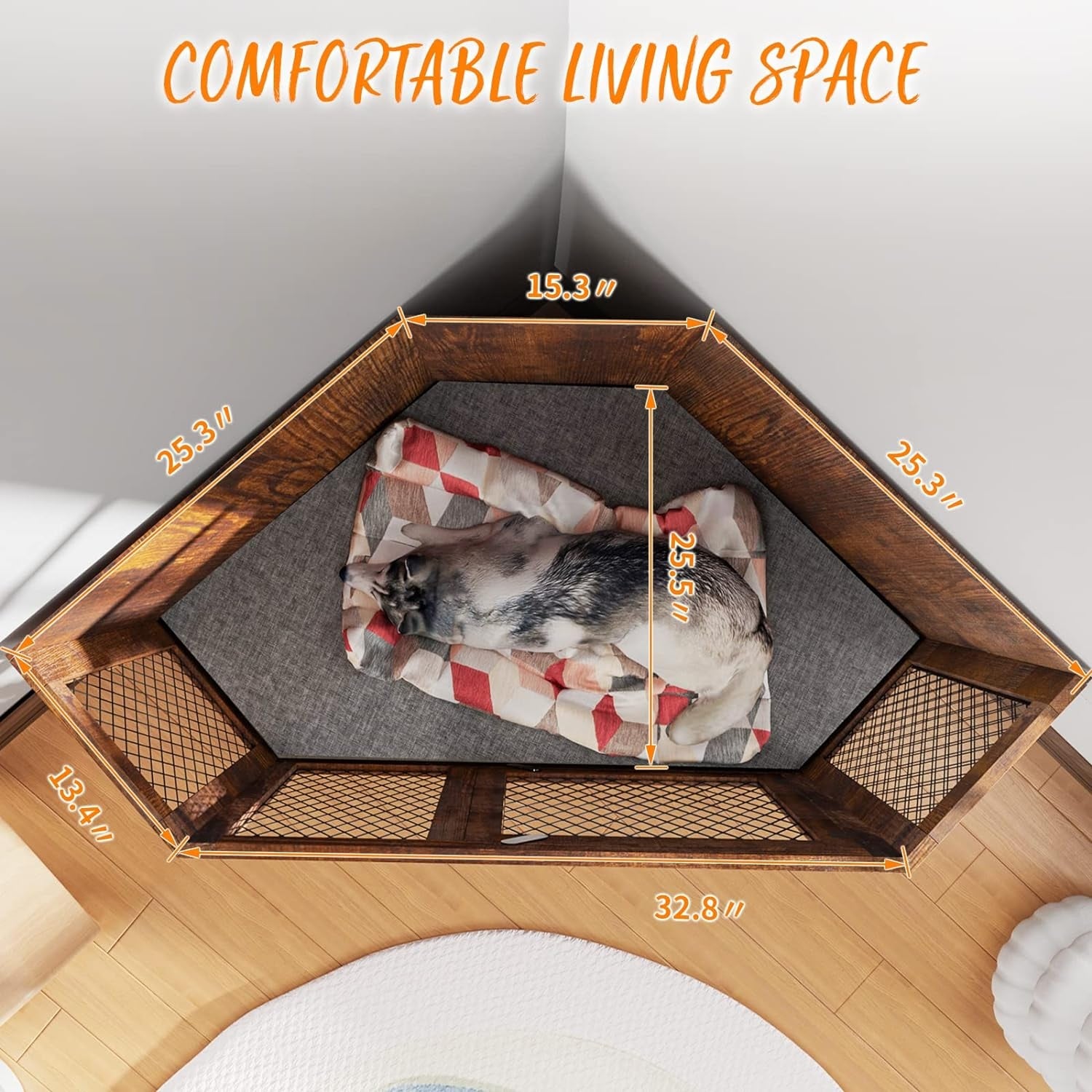 BOSSIN Meuble-côte pour chien d'angle, meuble-côte en bois pour chien de 112/132 cm avec grille, maison de chien en bois décorative pour usage intérieur.