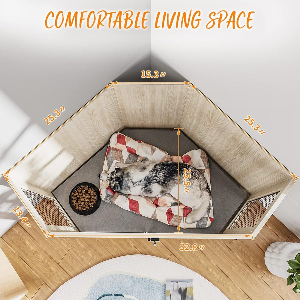 BOSSIN Meuble-côte pour chien d'angle, meuble-côte en bois pour chien de 112/132 cm avec grille, maison de chien en bois décorative pour usage intérieur.