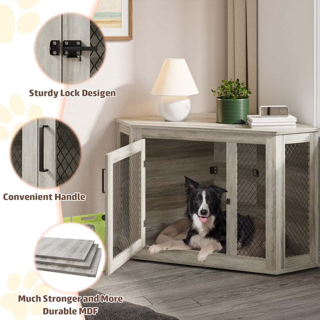 BOSSIN Meuble-côte pour chien d'angle, meuble-côte en bois pour chien de 112/132 cm avec grille, maison de chien en bois décorative pour usage intérieur.