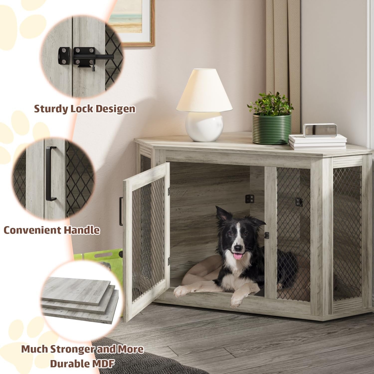 BOSSIN Meuble-côte pour chien d'angle, meuble-côte en bois pour chien de 112/132 cm avec grille, maison de chien en bois décorative pour usage intérieur.
