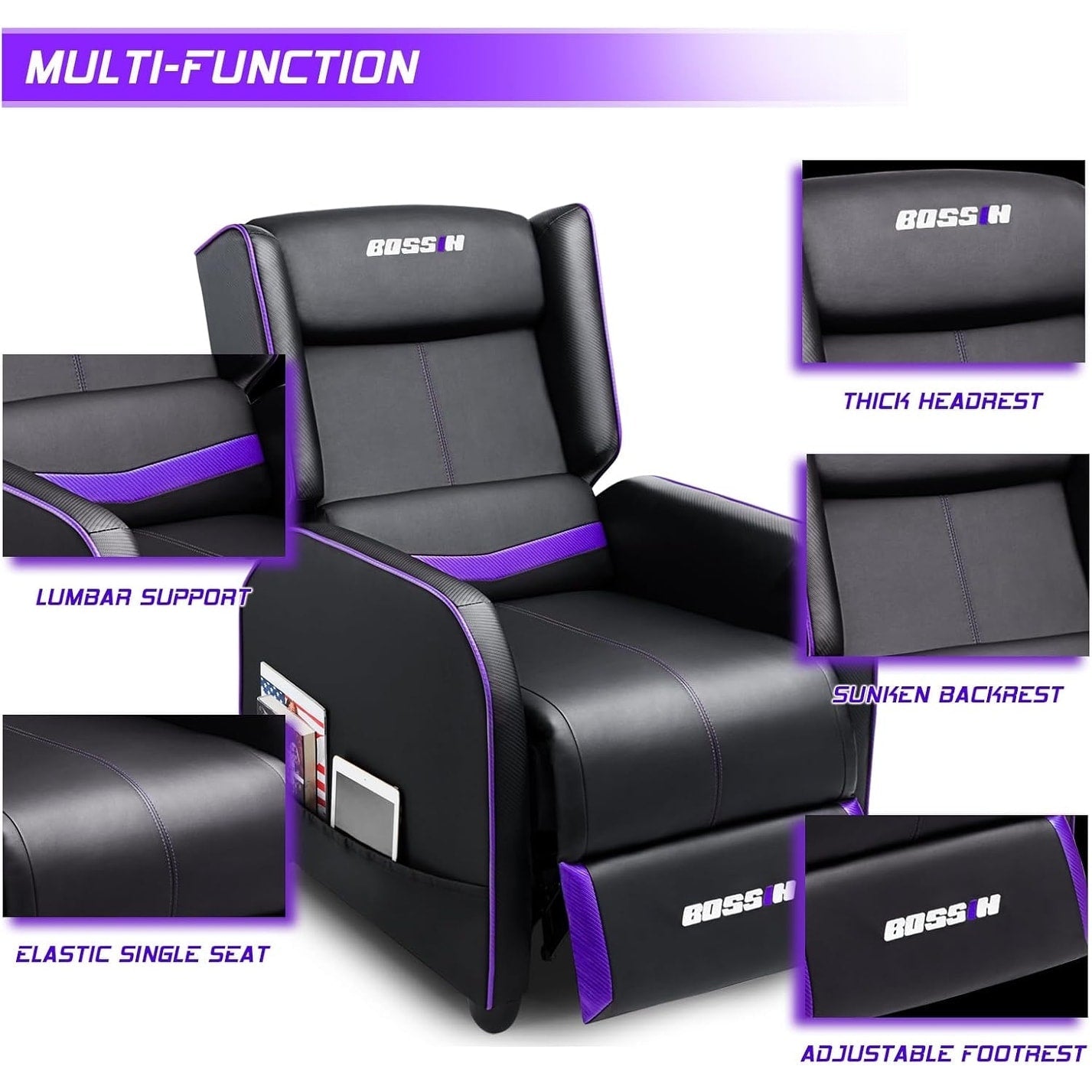 Fauteuil inclinable ergonomique BOSSIN en cuir PU pour le jeu, une place, pour le salon