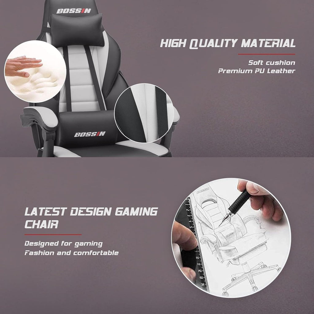 Chaise de jeu de style course BOSSIN, chaise de jeu pour joueurs grands et lourds (jusqu'à 136 kg), dossier haut, chaise de bureau.