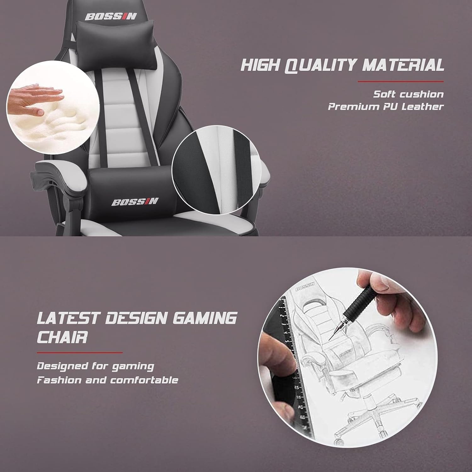 Chaise de jeu de style course BOSSIN, chaise de jeu pour joueurs grands et lourds (jusqu'à 136 kg), dossier haut, chaise de bureau.