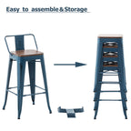 Tabourets de bar avec dossier, lot de 4, tabourets de bar industriels en métal avec assises en bois