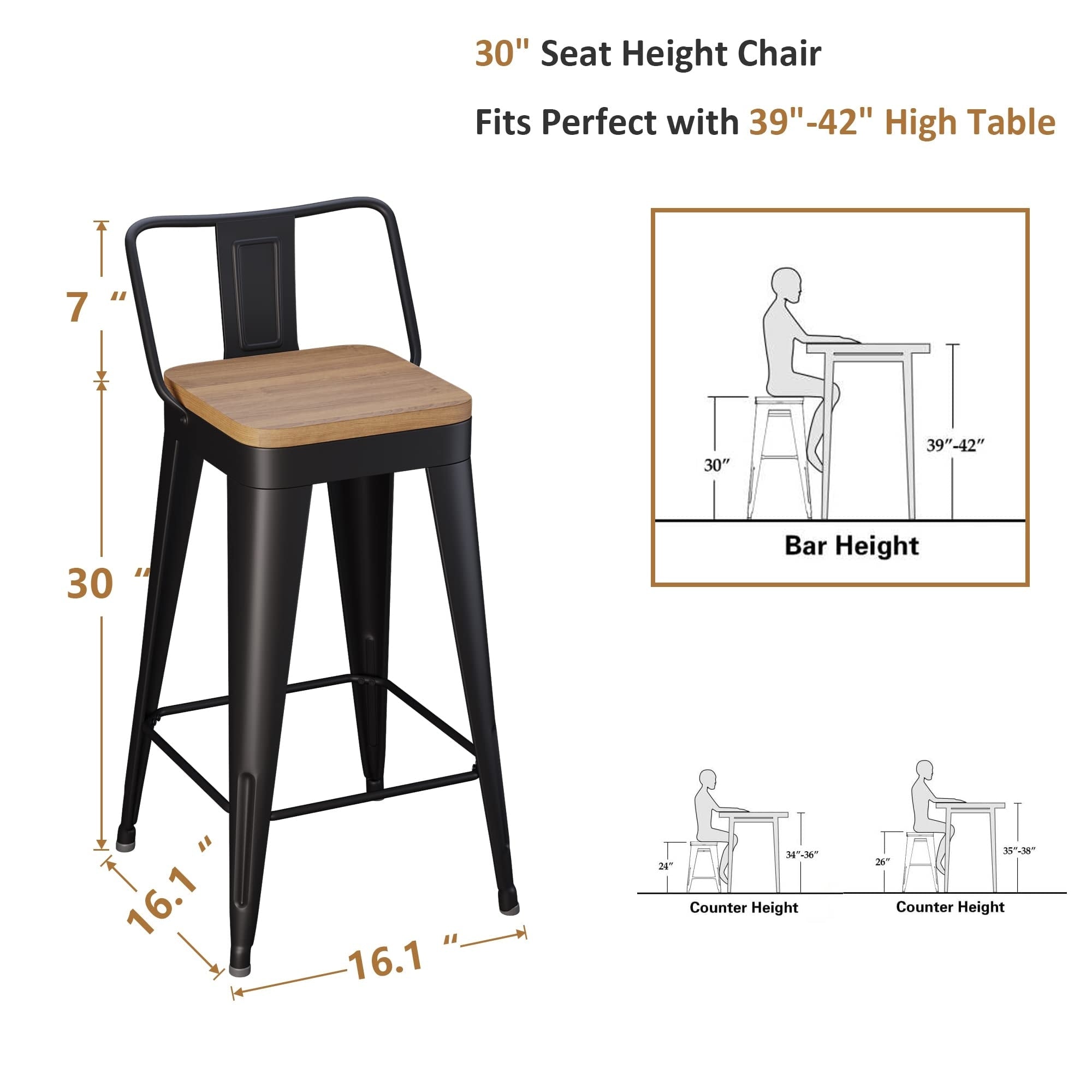Tabourets de bar avec dossier, lot de 4, tabourets de bar industriels en métal avec assises en bois