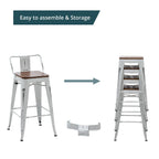 Tabourets de bar avec dossier, lot de 4, tabourets de bar industriels en métal avec assises en bois