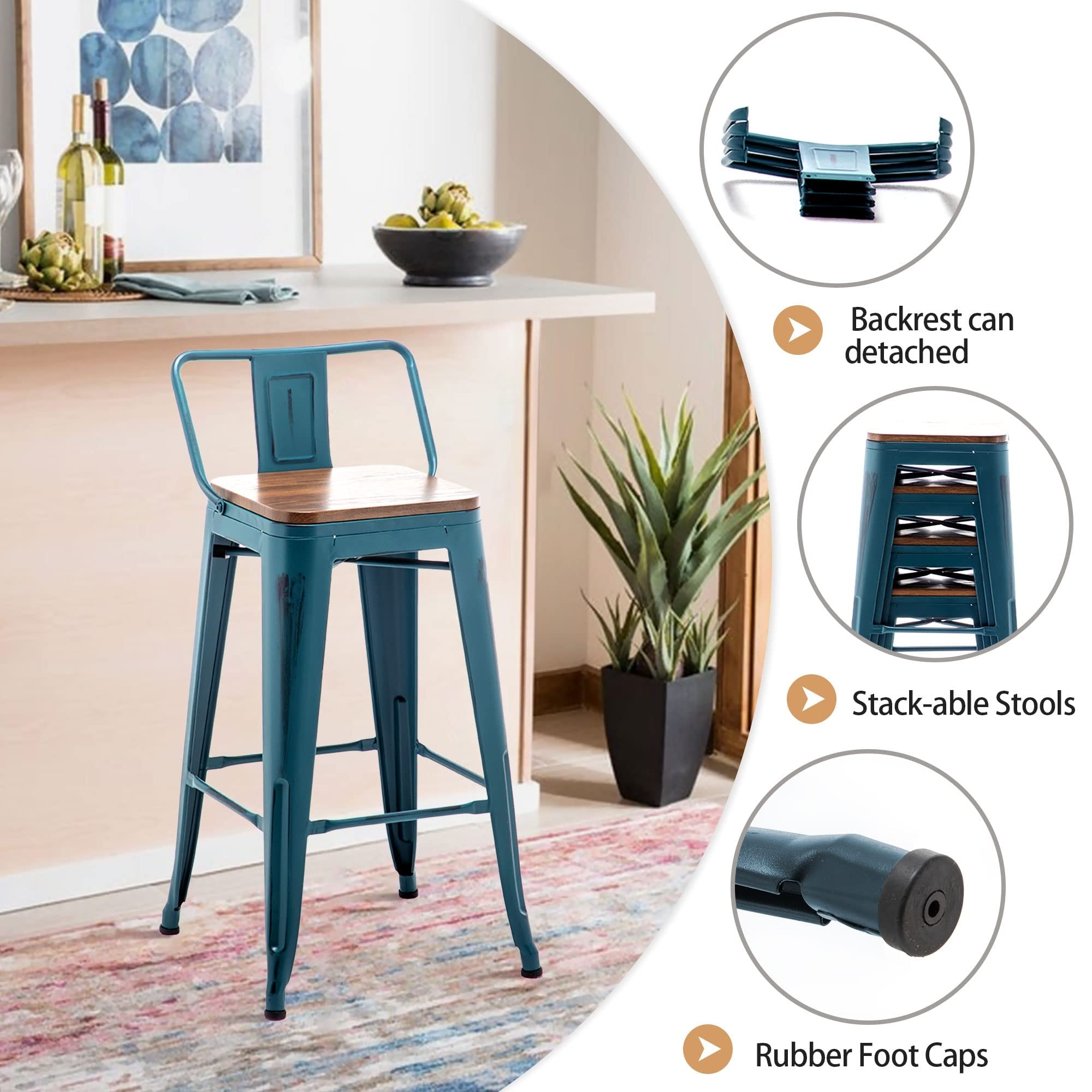 Tabourets de bar avec dossier, lot de 4, tabourets de bar industriels en métal avec assises en bois