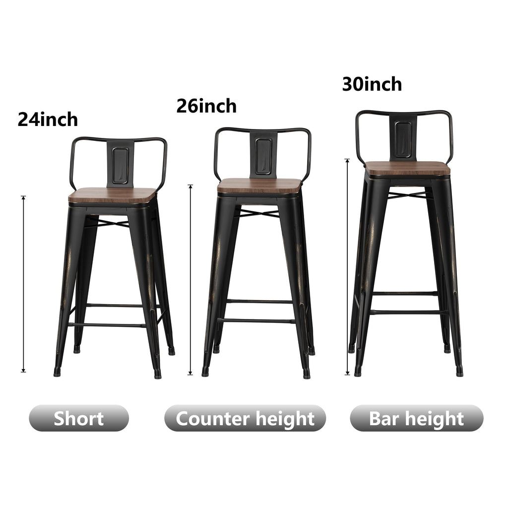 Tabourets de bar avec dossier, lot de 4, tabourets de bar industriels en métal avec assises en bois