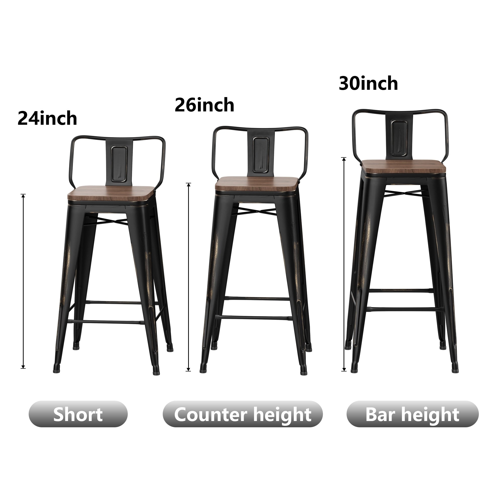 Tabourets de bar avec dossier, lot de 4, tabourets de bar industriels en métal avec assises en bois