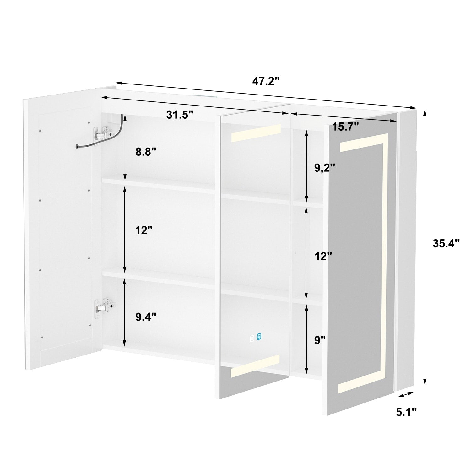 Armoire à miroir de salle de bain avec éclairage LED, anti-buée, 6000K, blanche.