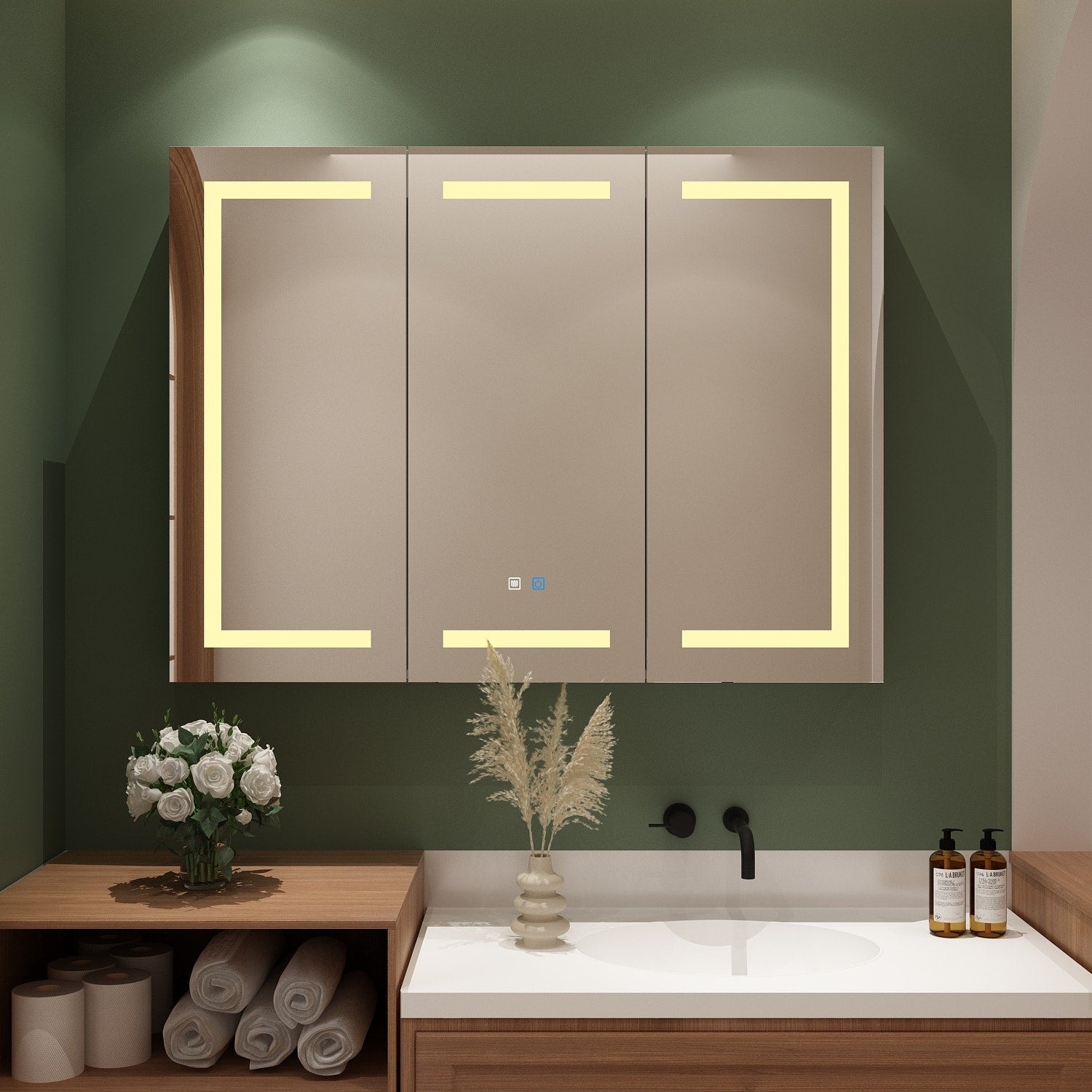 Armoire à miroir de salle de bain avec éclairage LED, anti-buée, 6000K, blanche.