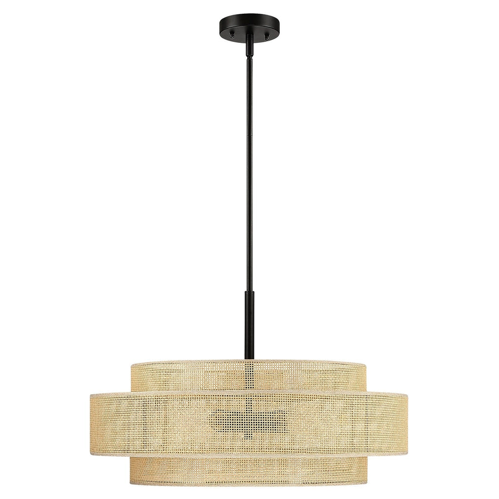 Luminaire à suspension à 5 lumières en forme de tambour noir de style côtier avec abat-jour double en rotin - 61 cm de largeur