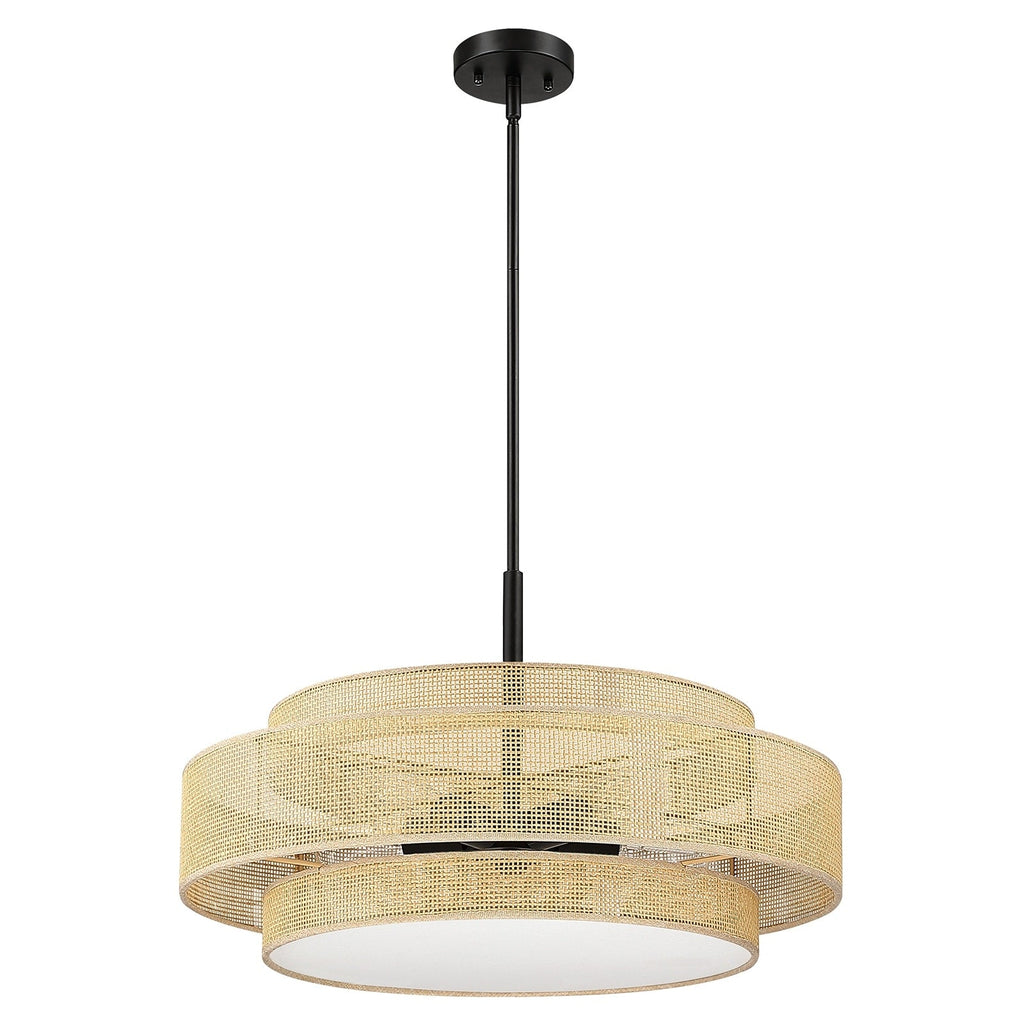 Luminaire à suspension à 5 lumières en forme de tambour noir de style côtier avec abat-jour double en rotin - 61 cm de largeur