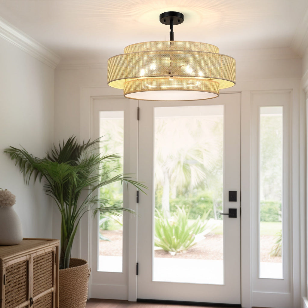 Luminaire à suspension à 5 lumières en forme de tambour noir de style côtier avec abat-jour double en rotin - 61 cm de largeur